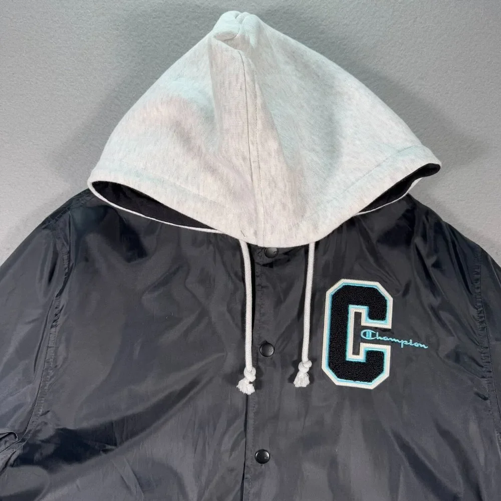 Champion Hooded Windbreaker‎ Jacket Mens Medium Standard Fit Black Fleece Hood